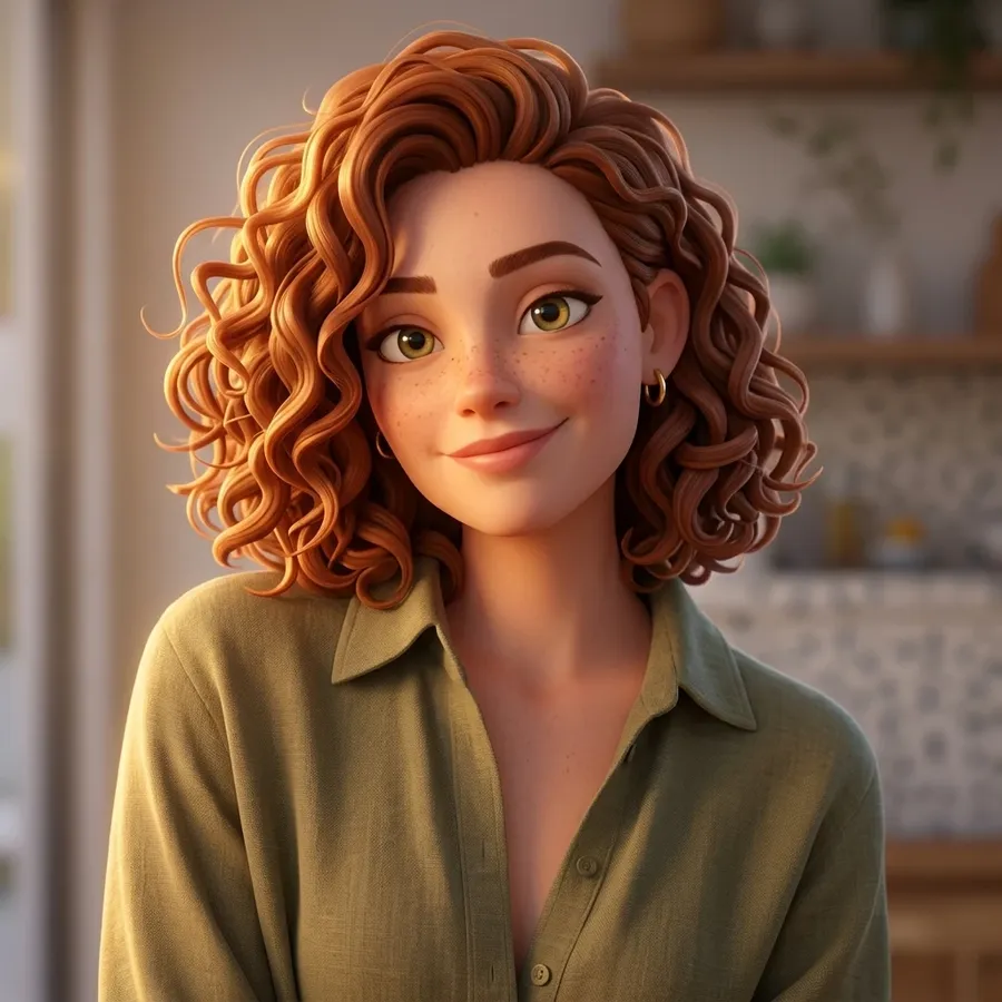 The source photo of a woman with curly auburn hair redrawn as a polished 3D cartoon character with rounded forms and soft matte materials, shown as the 3D direction in the photo-to-cartoon comparison on the getimg.ai AI cartoon generator page, generated on getimg.ai