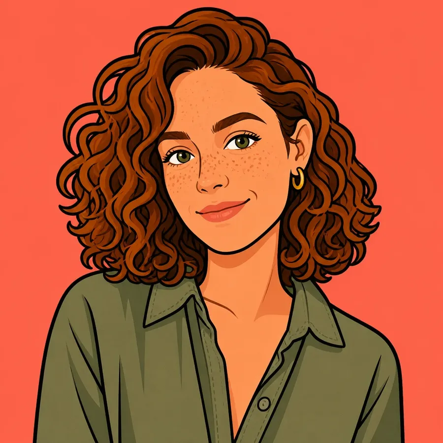 The source photo of a woman with curly auburn hair redrawn as a flat 2D cartoon with bold outlines and cel shading on a coral background, shown as the flat 2D direction in the photo-to-cartoon comparison on the getimg.ai AI cartoon generator page, generated on getimg.ai