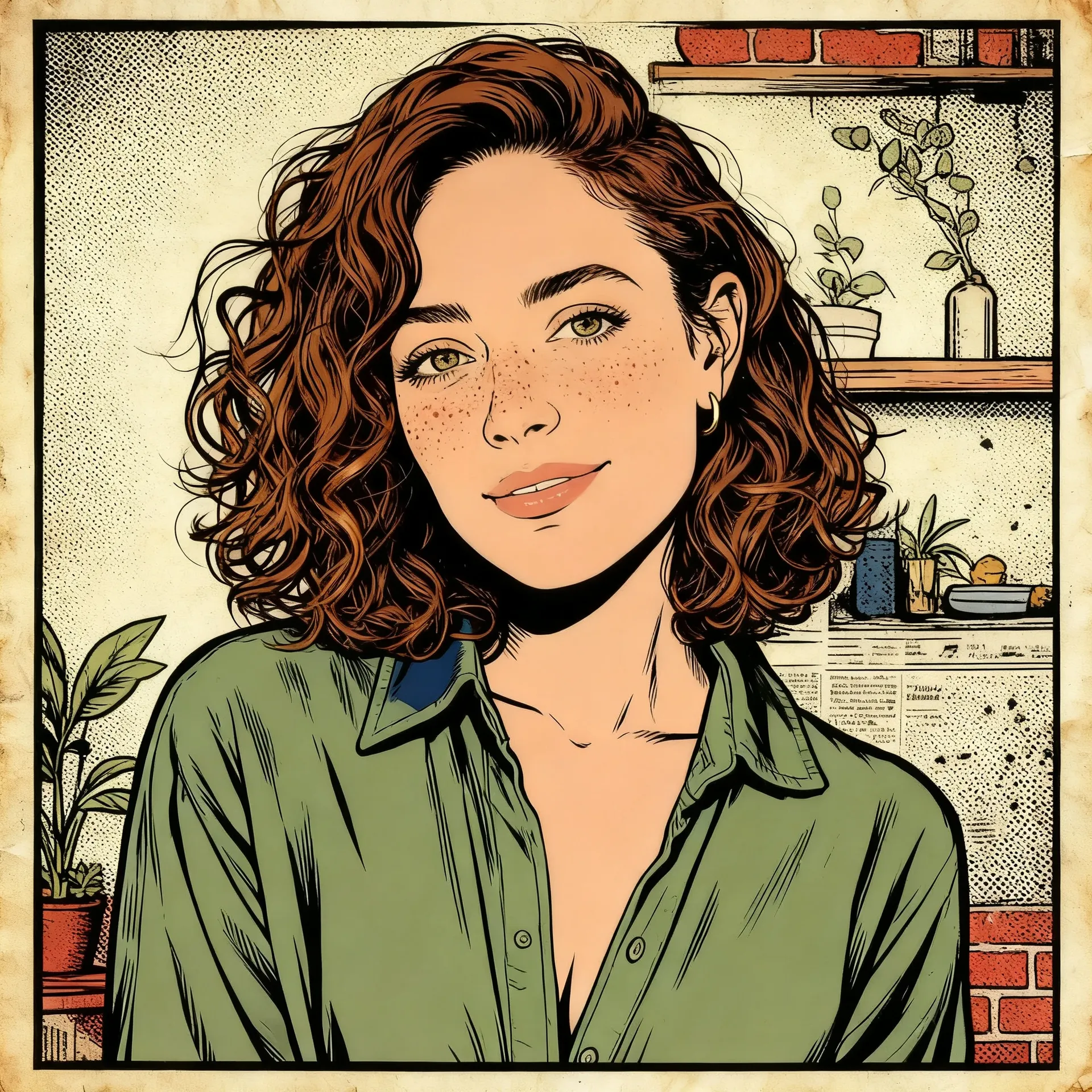 The source photo of a woman with curly auburn hair redrawn as a retro comic portrait with heavy ink outlines, halftone shading and newsprint grain, shown as the retro comic direction in the photo-to-cartoon comparison on the getimg.ai AI cartoon generator page, generated on getimg.ai