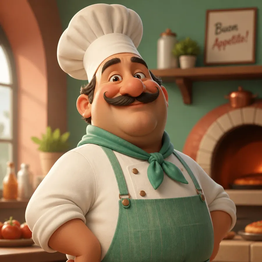 Polished 3D cartoon chef in a tall white hat lit from the left in a mint and terracotta palette, shown as the 3D cartoon character prompt example on the getimg.ai AI cartoon generator page, generated on getimg.ai