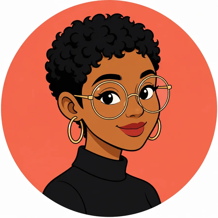 2D cartoon avatar of a woman with cropped curly hair and oversized round glasses on a warm coral background, shown as the cartoon avatar prompt example on the getimg.ai AI cartoon generator page, generated on getimg.ai
