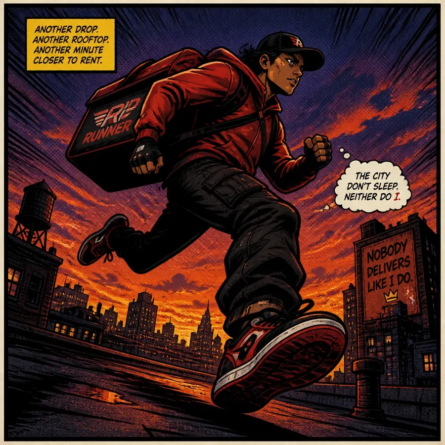 Comic book panel of a courier sprinting across a rooftop at dusk with heavy ink outlines and halftone shading in orange and indigo, shown as the comic book prompt example on the getimg.ai AI cartoon generator page, generated on getimg.ai