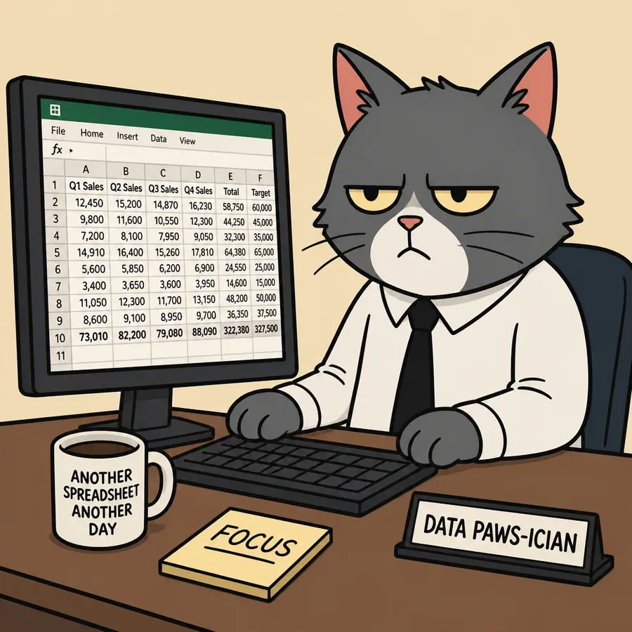 Flat 2D cartoon of an office cat at a desk staring deadpan at a spreadsheet on a monitor against a plain beige background, shown as the meme-ready cartoon prompt example on the getimg.ai AI cartoon generator page, generated on getimg.ai