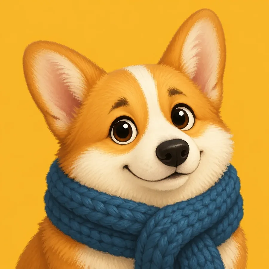 Cartoon corgi in a chunky knitted scarf with large expressive eyes on a flat mustard background, shown as the cartoon pet portrait prompt example on the getimg.ai AI cartoon generator page, generated on getimg.ai