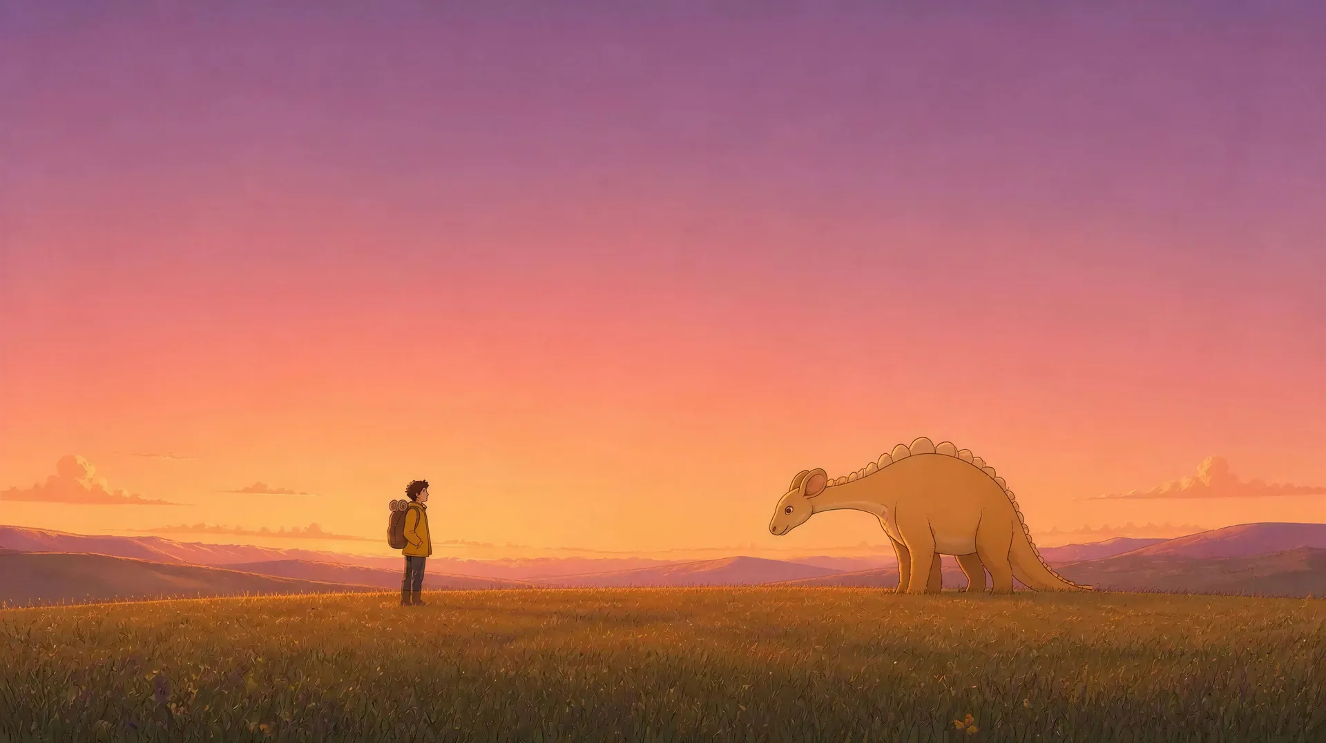 Wide cartoon landscape at sunset with a traveller in a mustard jacket standing on a grassy hillside at the left and a large gentle long-necked ochre creature grazing at the right, open sky across the centre, used as the hero background of the getimg.ai AI cartoon generator page, generated on getimg.ai