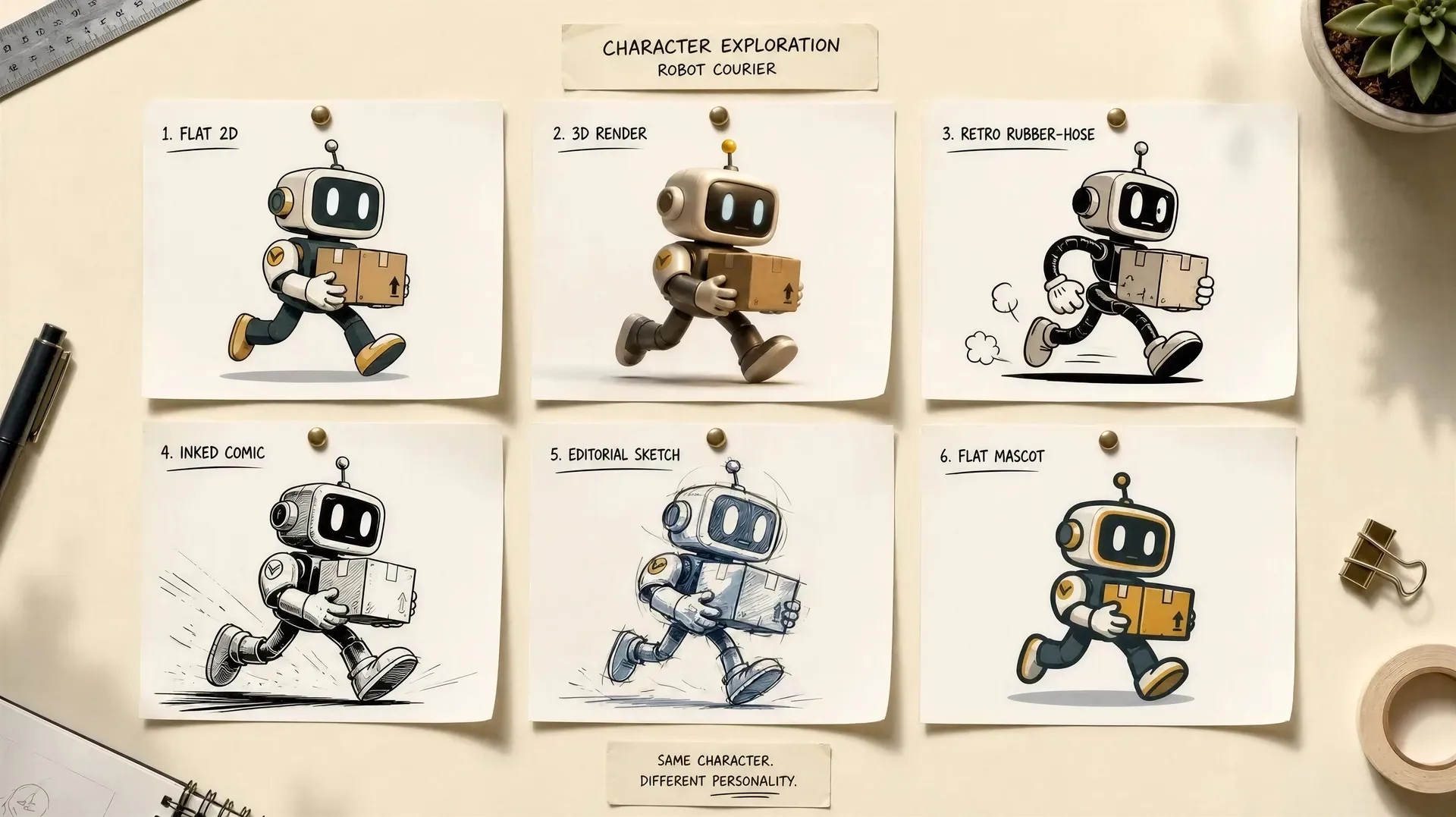 Design exploration board showing the same robot courier character drawn in six cartoon treatments pinned on cards over a cream surface, illustrating faster idea exploration on the getimg.ai AI cartoon generator page, generated on getimg.ai