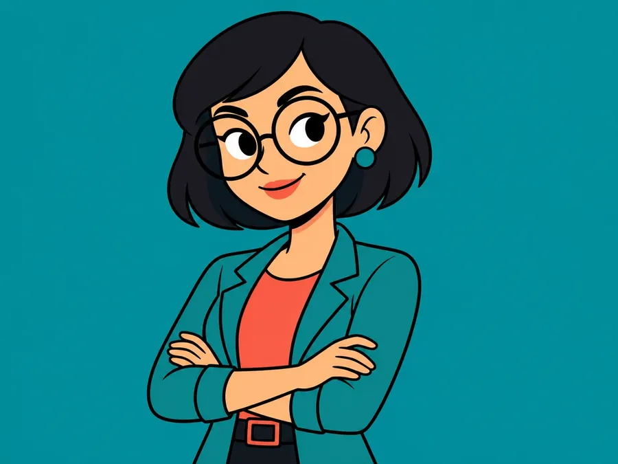 2D cartoon woman with a short bob and oversized round glasses in a teal and coral palette standing with arms crossed, shown as the result of the worked prompt example on the getimg.ai AI cartoon generator page, generated on getimg.ai