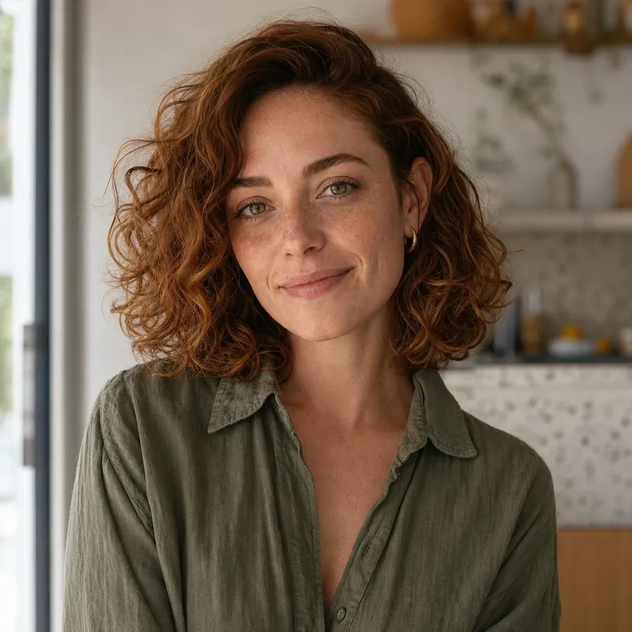 Original photograph of a woman with curly auburn hair in a sunlit kitchen, used as the source photo for the photo-to-cartoon comparison on the getimg.ai AI cartoon generator page, generated on getimg.ai