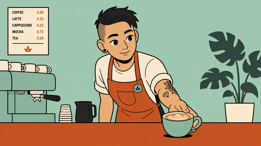 Flat 2D animation style illustration of a barista sliding a latte across a counter, with bold outlines and two-tone cel shading in mint and burnt orange, shown as the 2D animation style example on the getimg.ai AI cartoon generator page, generated on getimg.ai