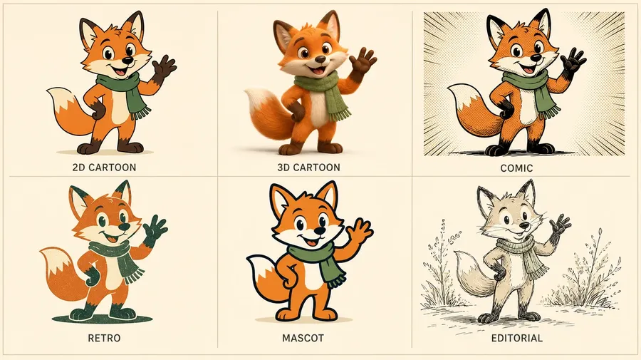 Six-panel comparison chart showing the same fox character drawn as 2D cartoon, 3D cartoon, comic, retro, mascot and editorial styles with labels beneath each panel, shown in the cartoon style guide on the getimg.ai AI cartoon generator page, generated on getimg.ai