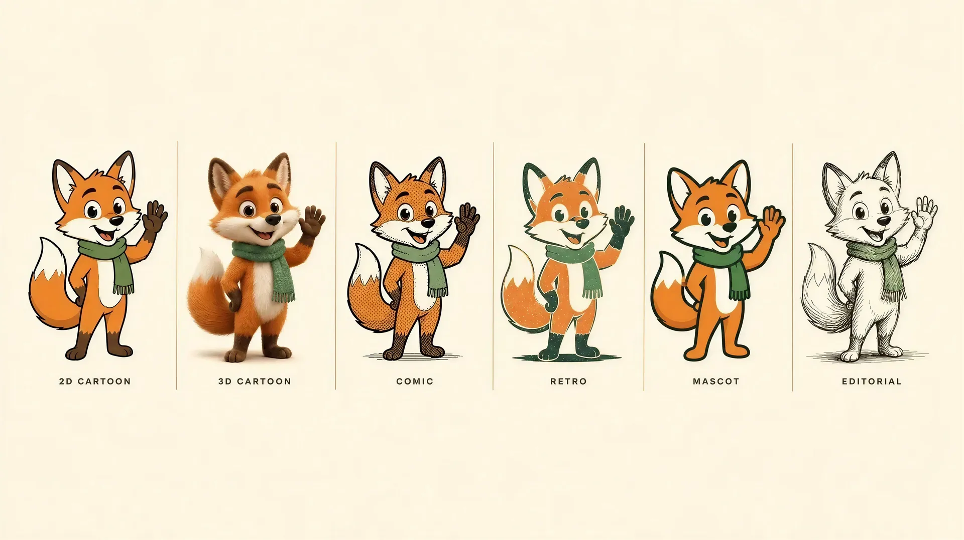 Row of six panels showing the same fox character drawn as 2D cartoon, 3D cartoon, comic, retro, mascot and editorial styles with a label beneath each, shown in the cartoon style guide on the getimg.ai AI cartoon generator page, generated on getimg.ai