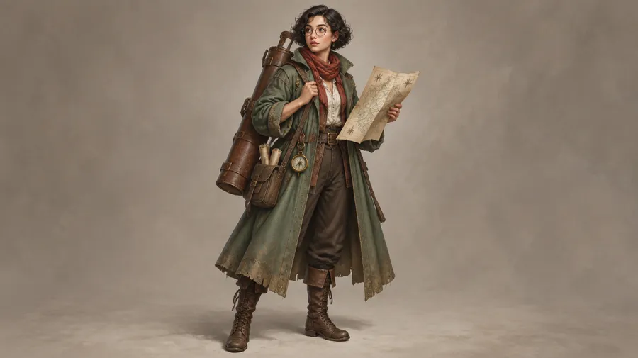 Curly-haired cartographer with glasses, a green coat and leather map case holding a map.