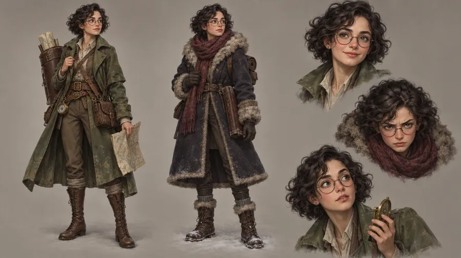Character sheet of a curly-haired woman with glasses in two outfits and three facial expressions.