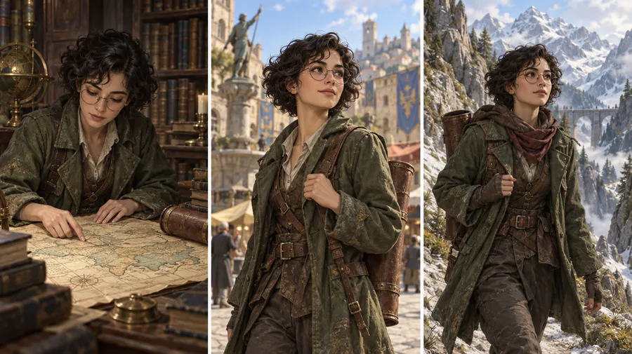 Curly-haired woman with glasses and a green coat in a library, town square and mountain pass.
