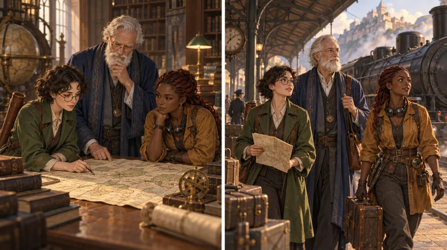 A cartographer, white-bearded scholar and braided-haired mechanic in a library and at a train platform.