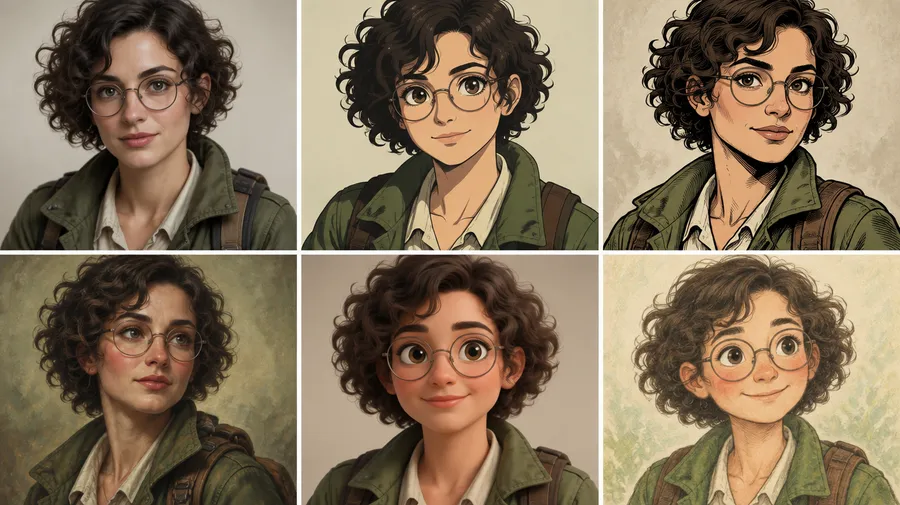 Six portraits of a curly-haired woman with glasses in photographic, drawn and rendered styles.