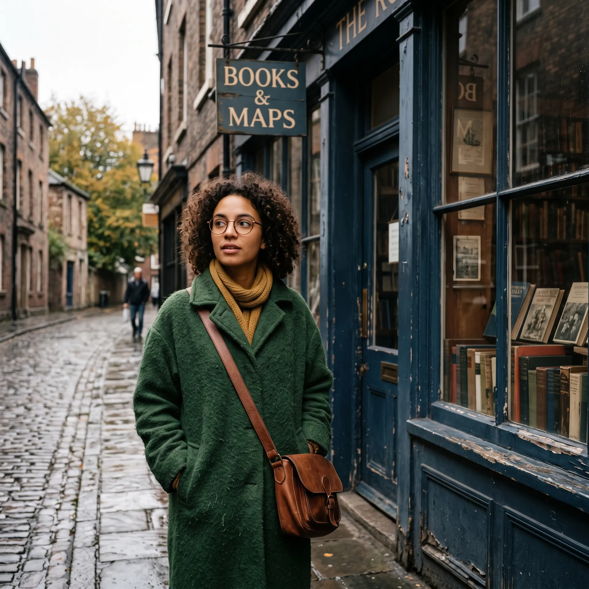 Mara with short curls, round glasses, green coat and leather satchel outside a blue bookshop