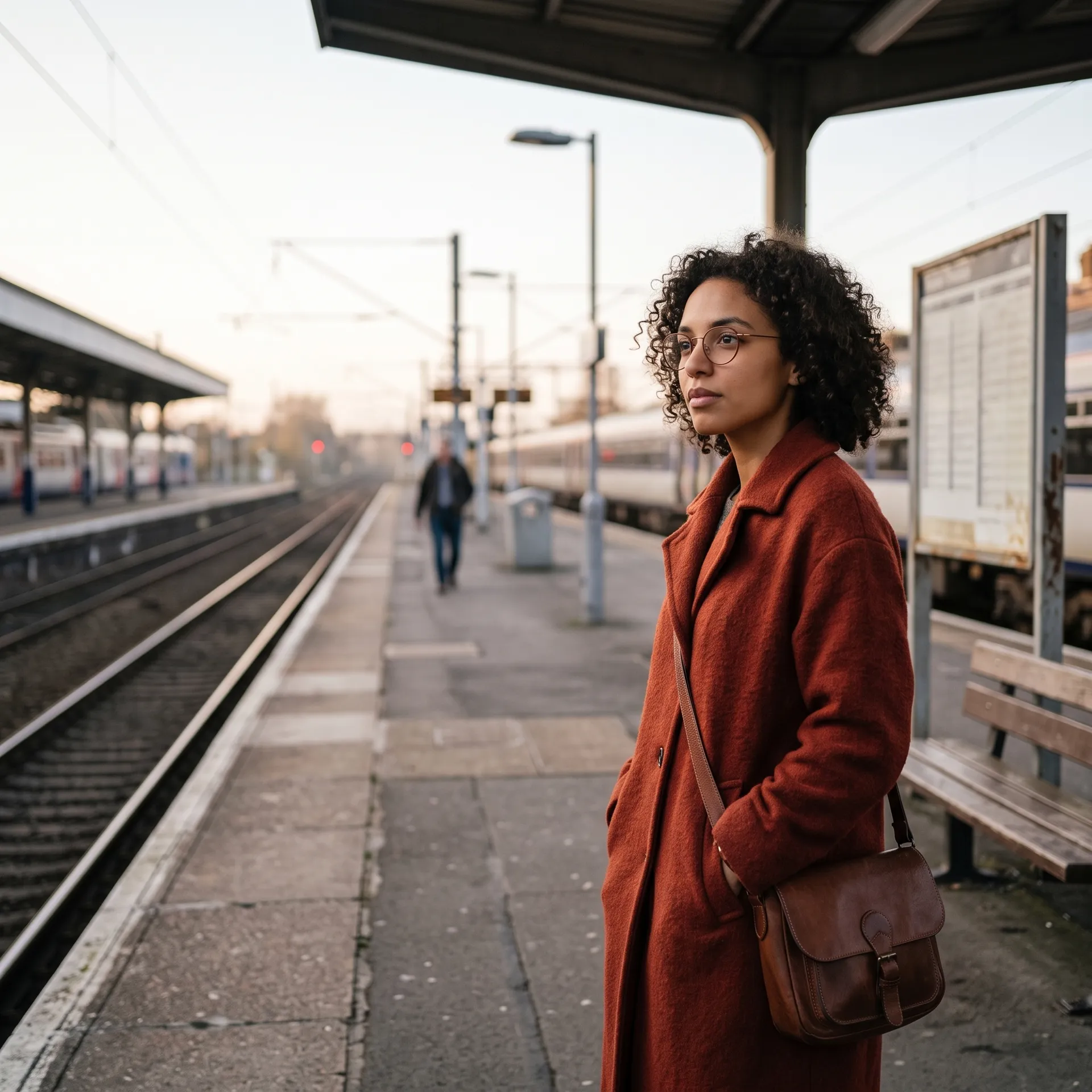 The same Mara in a rust-red coat on an outdoor railway platform