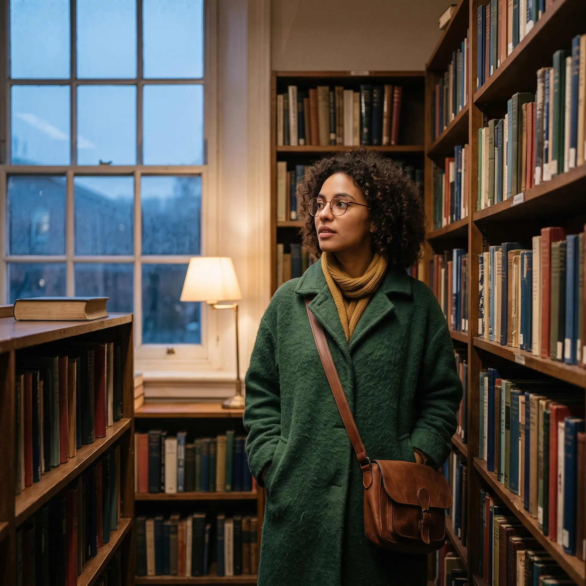 Mara between library shelves in cool window light and warm reading-lamp light