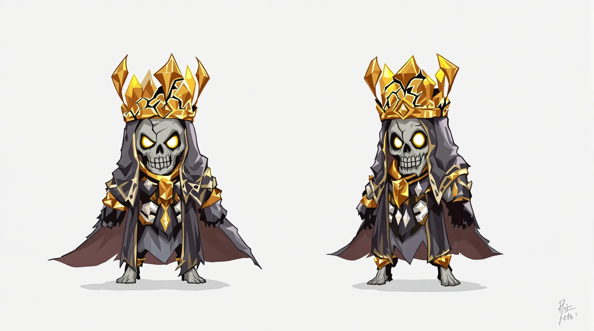 Two crowned skeletal characters in dark robes and gold armor on a white background.