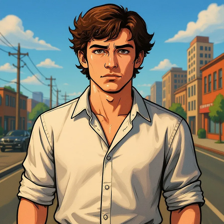 Comic-style brown-haired man in a white shirt standing on a sunny city street.