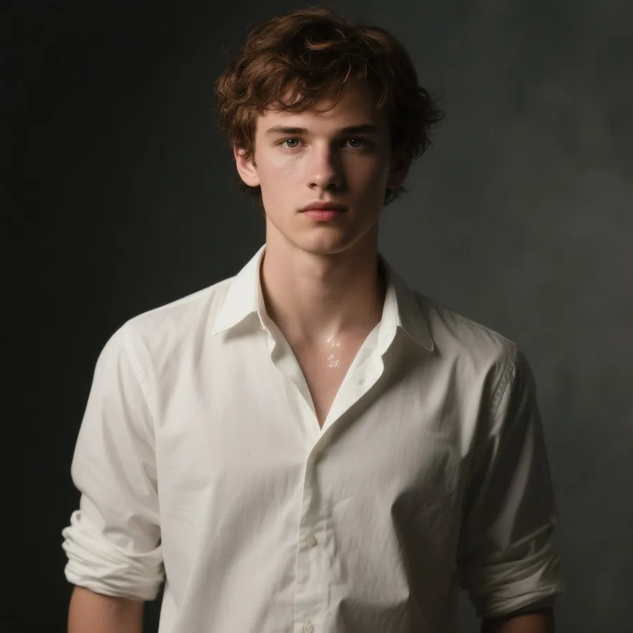Brown-haired man in a white open-collar shirt against a dark studio background.