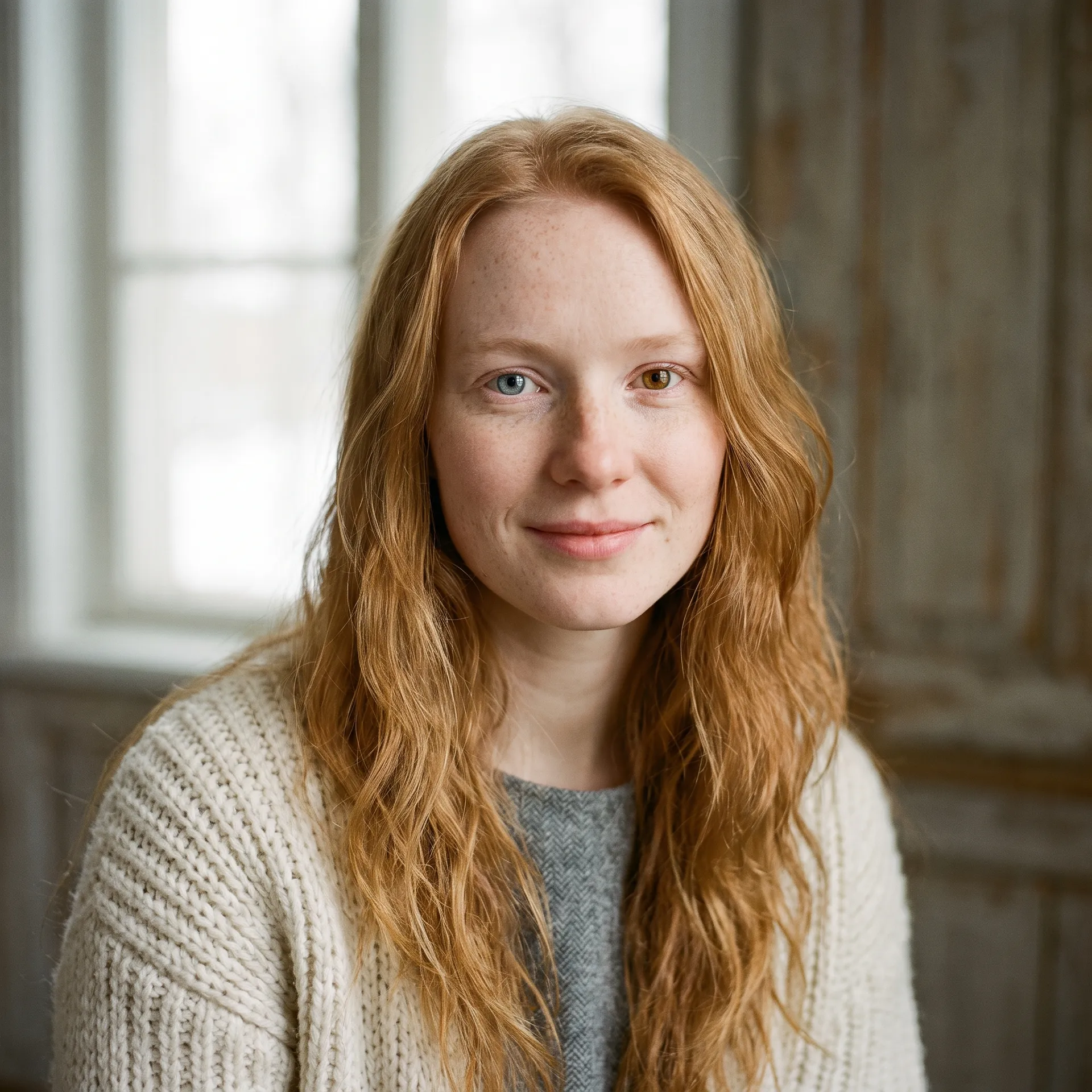 Original character with heterochromia and dense freckles: a woman with long ginger hair, made with the Character creator on getimg.ai