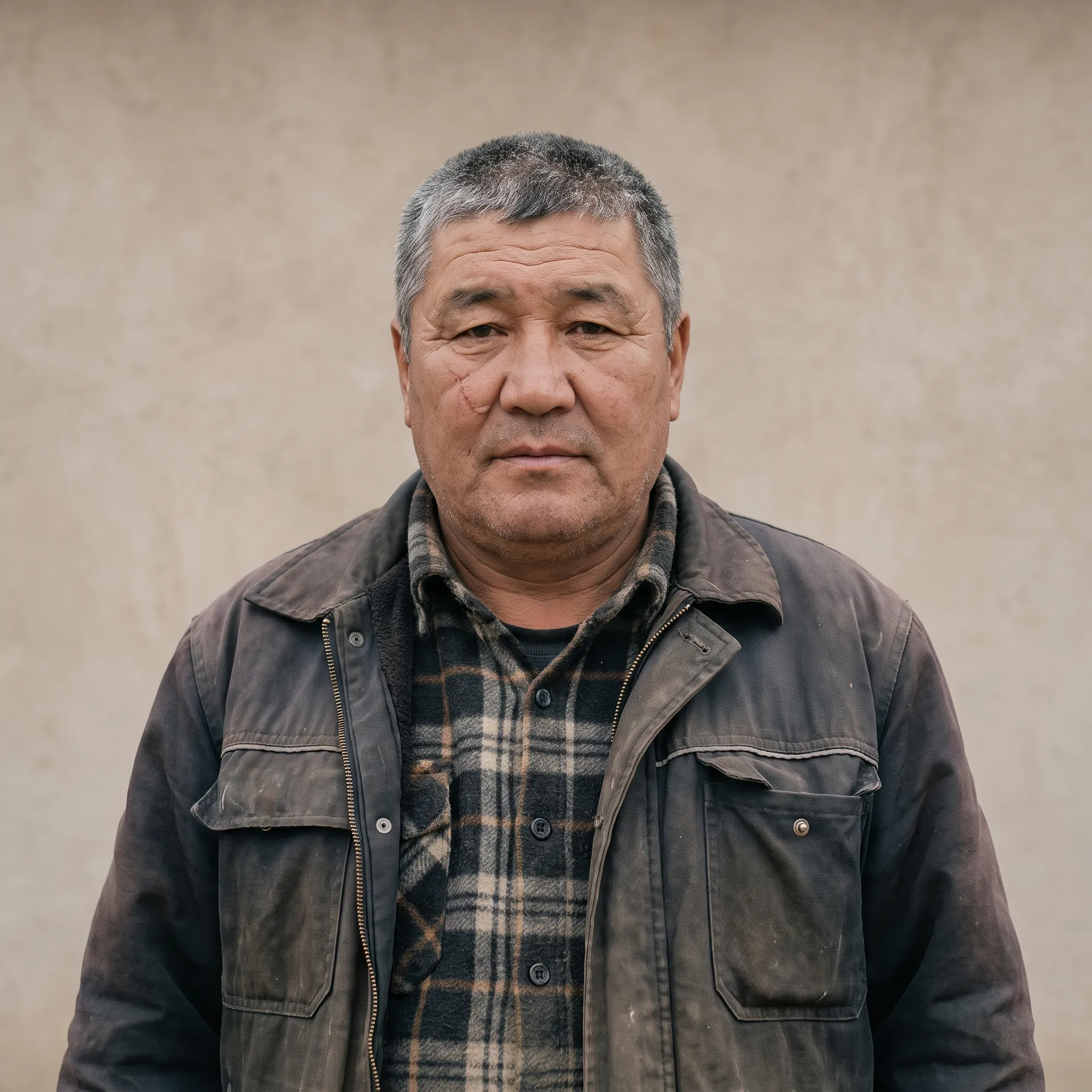 Original senior character with a cheek scar and sun-weathered skin in workwear, made with the Character creator on getimg.ai