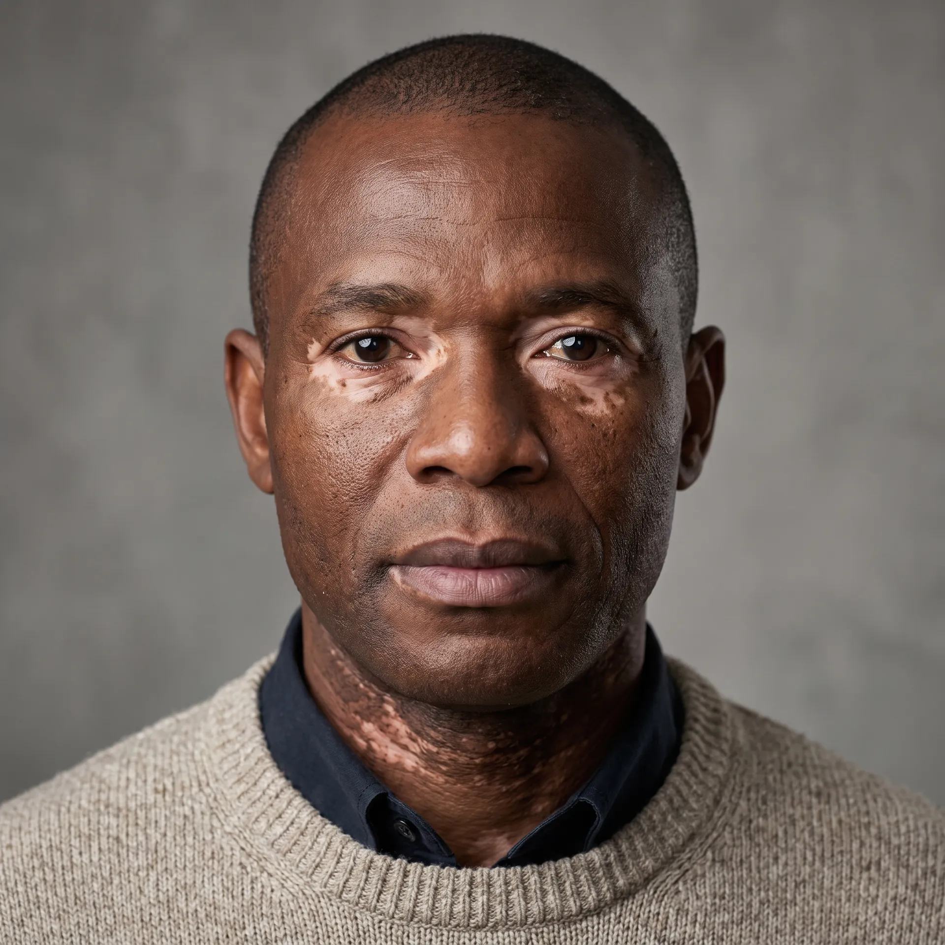 Original character with vitiligo: a man with deep brown skin and a buzz cut in a knit sweater, made with the Character creator on getimg.ai