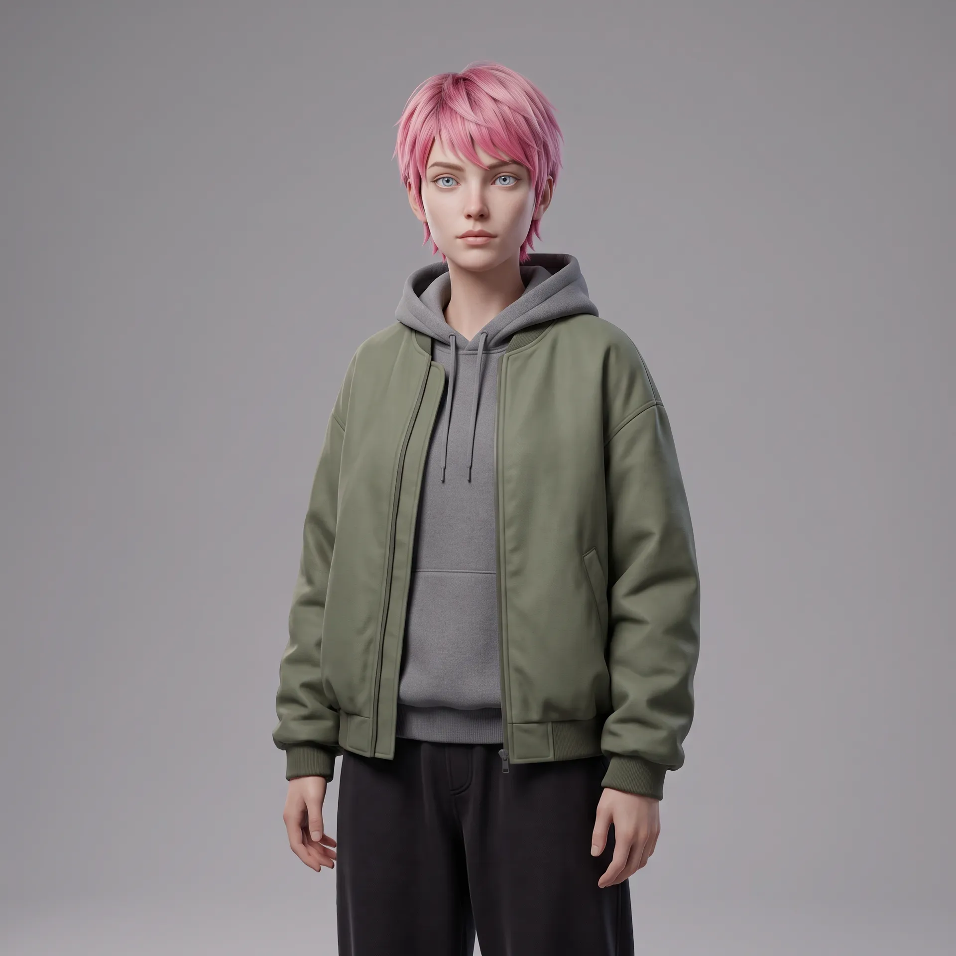 3D-rendered original character with a pink pixie cut, pale blue eyes and a green bomber jacket, made with the Character creator on getimg.ai
