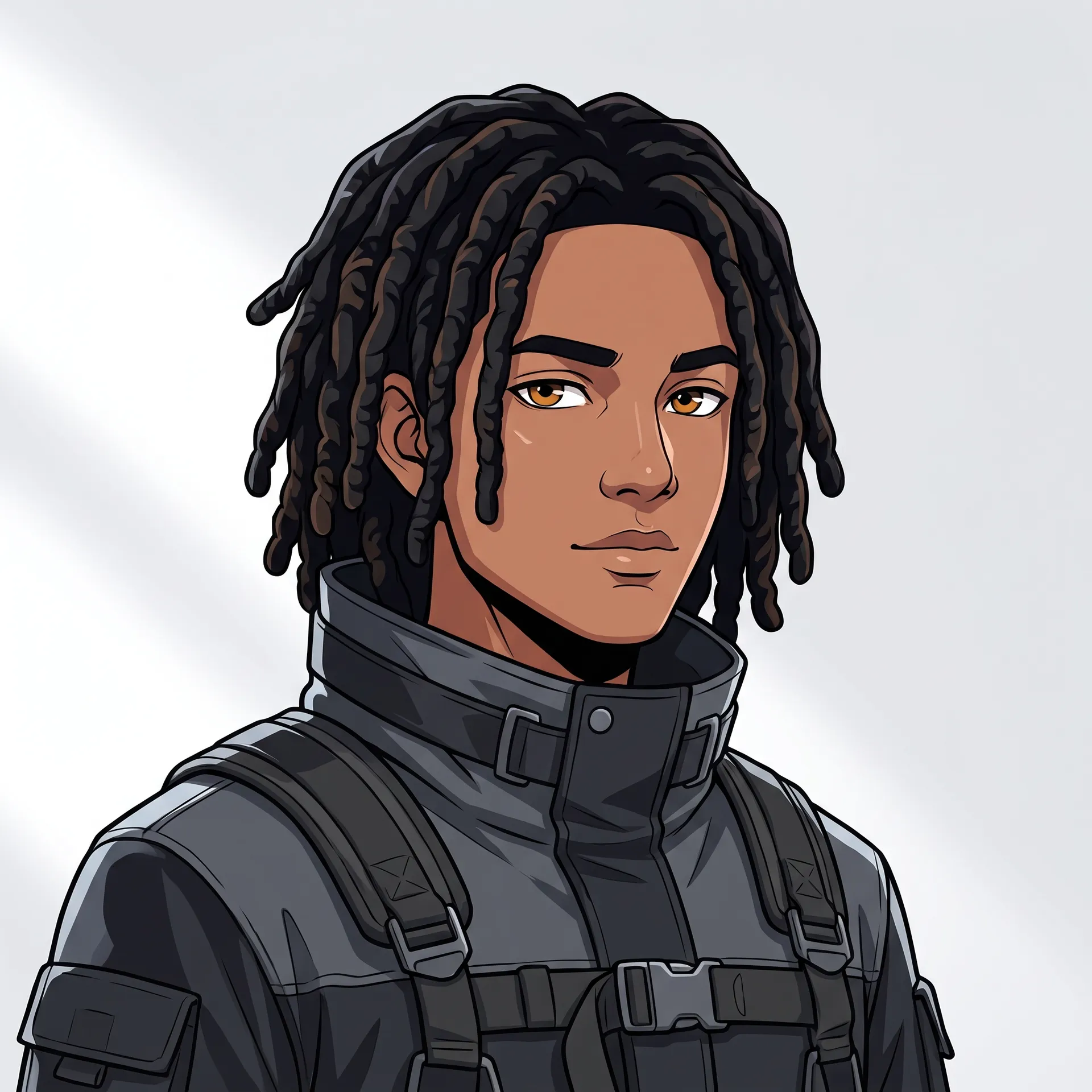 Anime-style original character of a young man with locs and amber eyes in dark techwear, made with the Character creator on getimg.ai