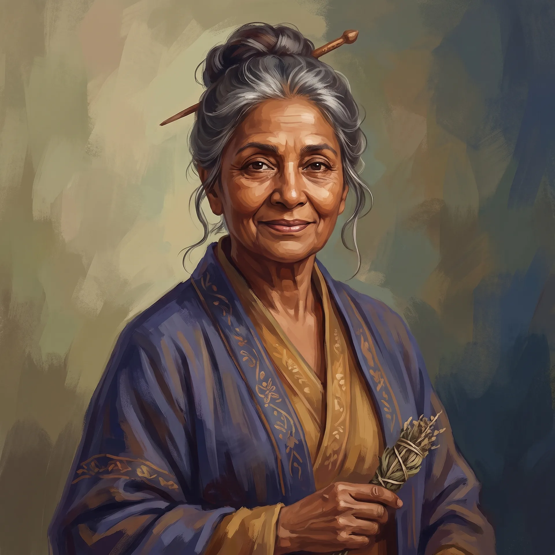Painterly original character of a senior healer with grey hair in a bun and blue robes, made with the Character creator on getimg.ai
