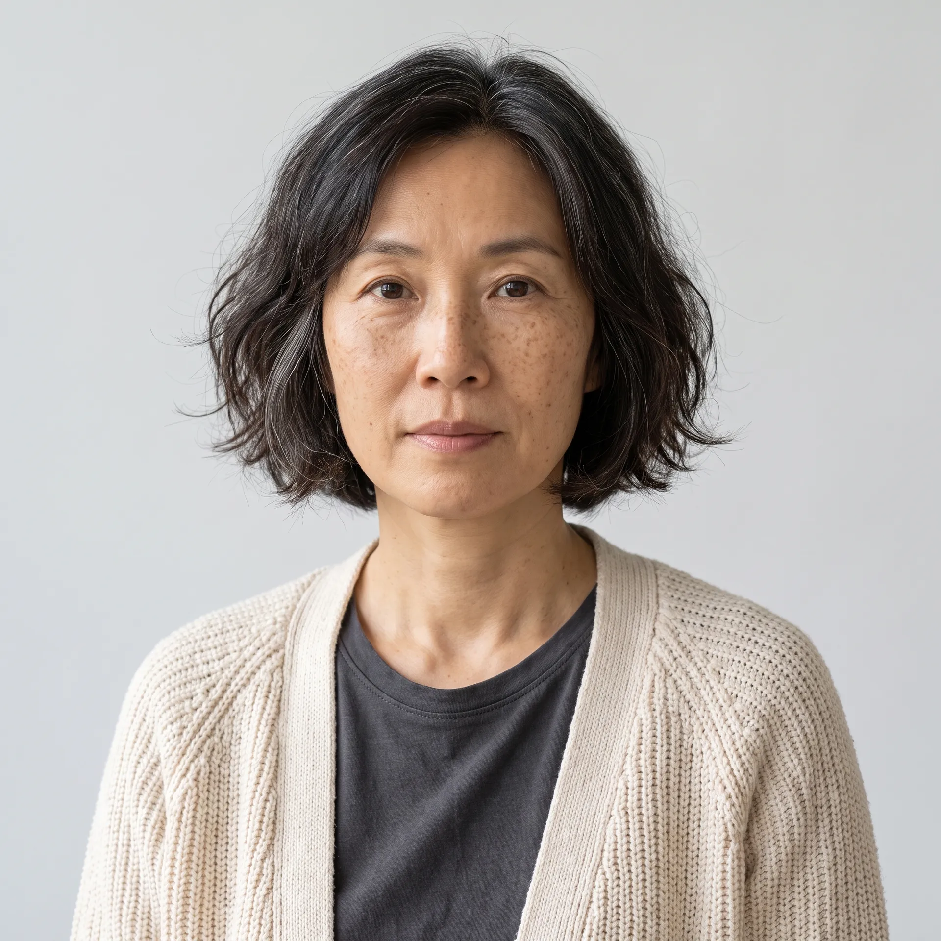 Photoreal original character portrait of a woman with a black bob, freckles and a cream cardigan, made with the Character creator on getimg.ai