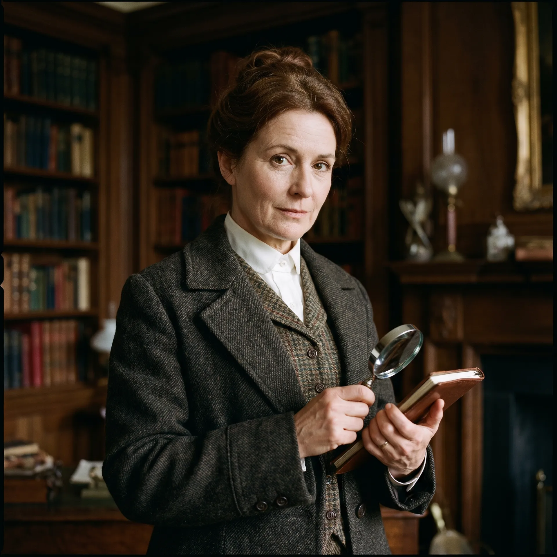Photoreal period character: a Victorian-era woman detective with a magnifying glass in a library, made with the Character creator on getimg.ai