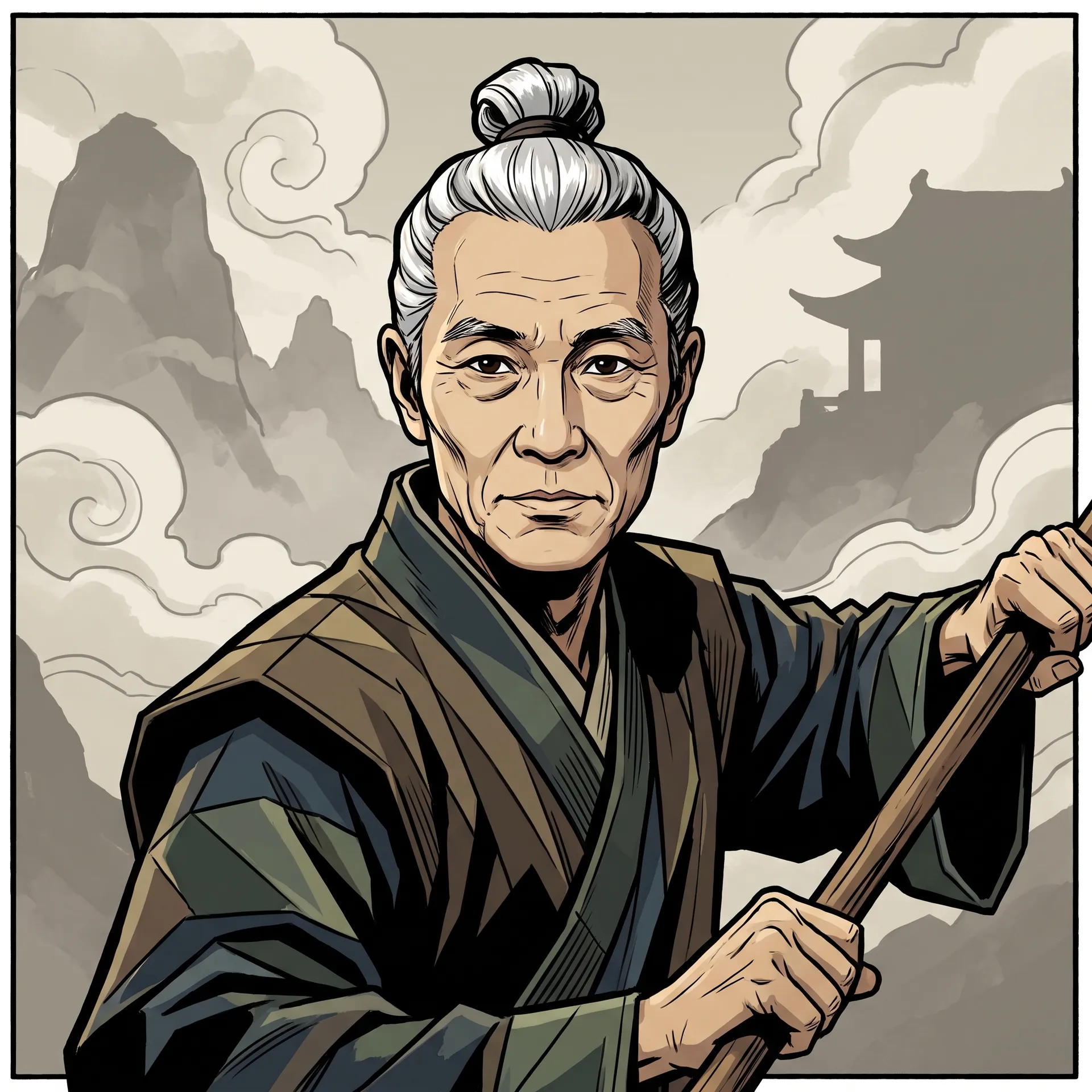 Comic-style character: an old mountain monk with a white top knot in robes holding a staff, made with the Character creator on getimg.ai