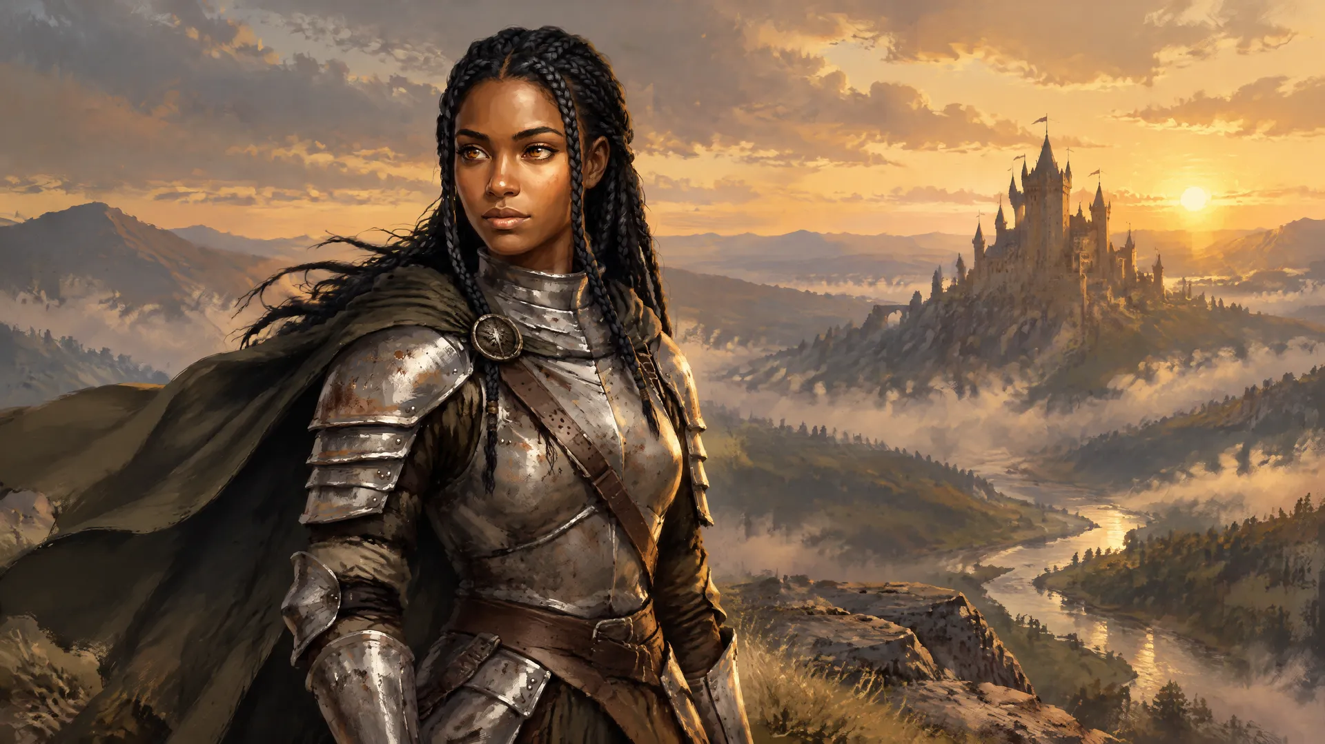 The same knight character on a windswept cliff above a misty valley with a distant castle, a story scene made on getimg.ai