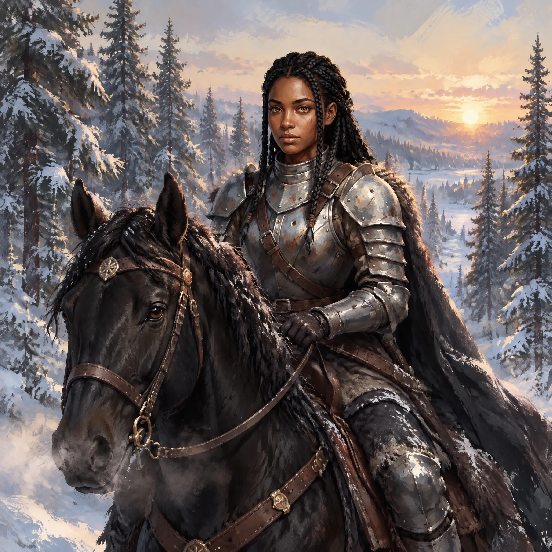 The same knight character riding a black horse through a snowy forest, reused in a new scene on getimg.ai