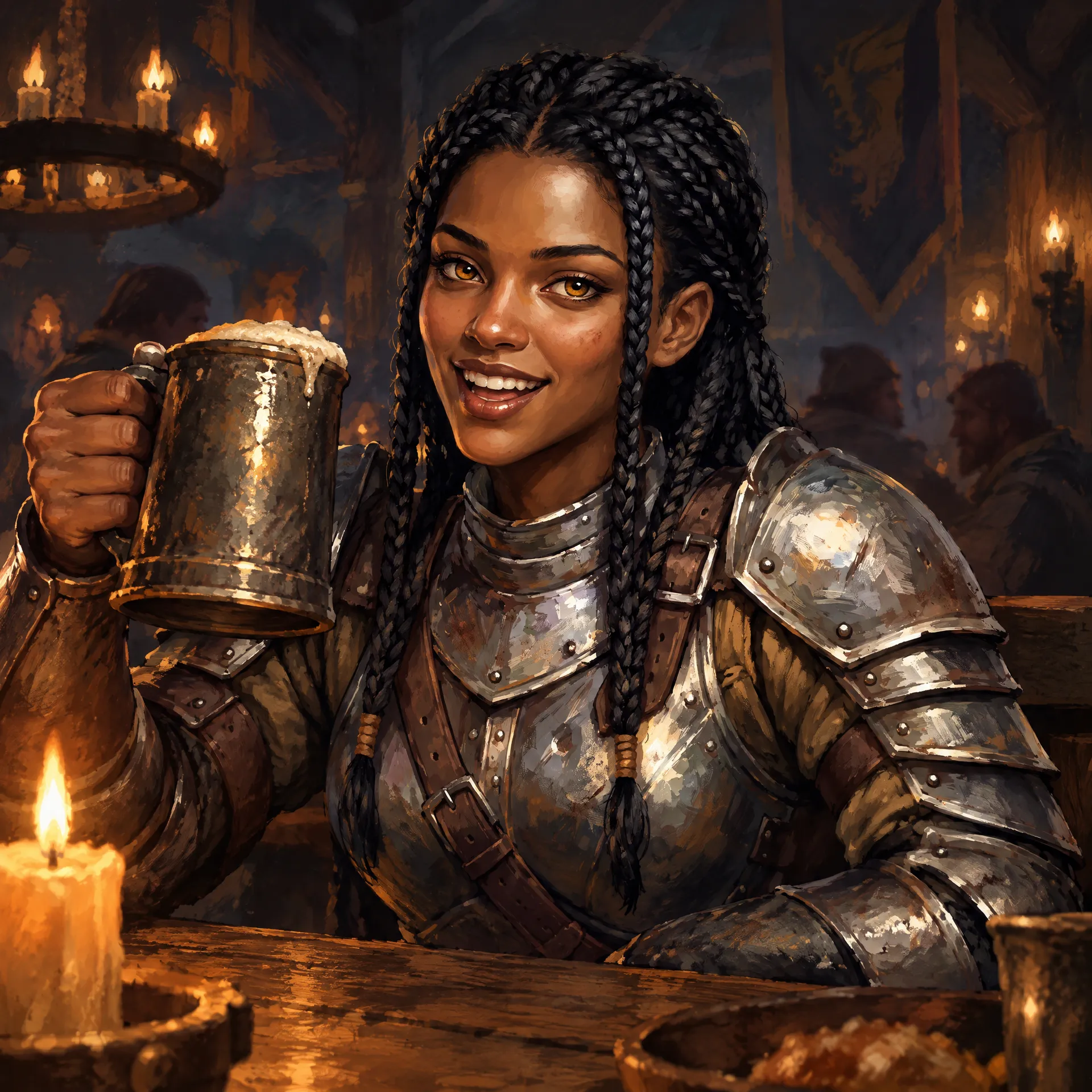 The same knight character laughing in a candlelit tavern, reused in a new scene on getimg.ai