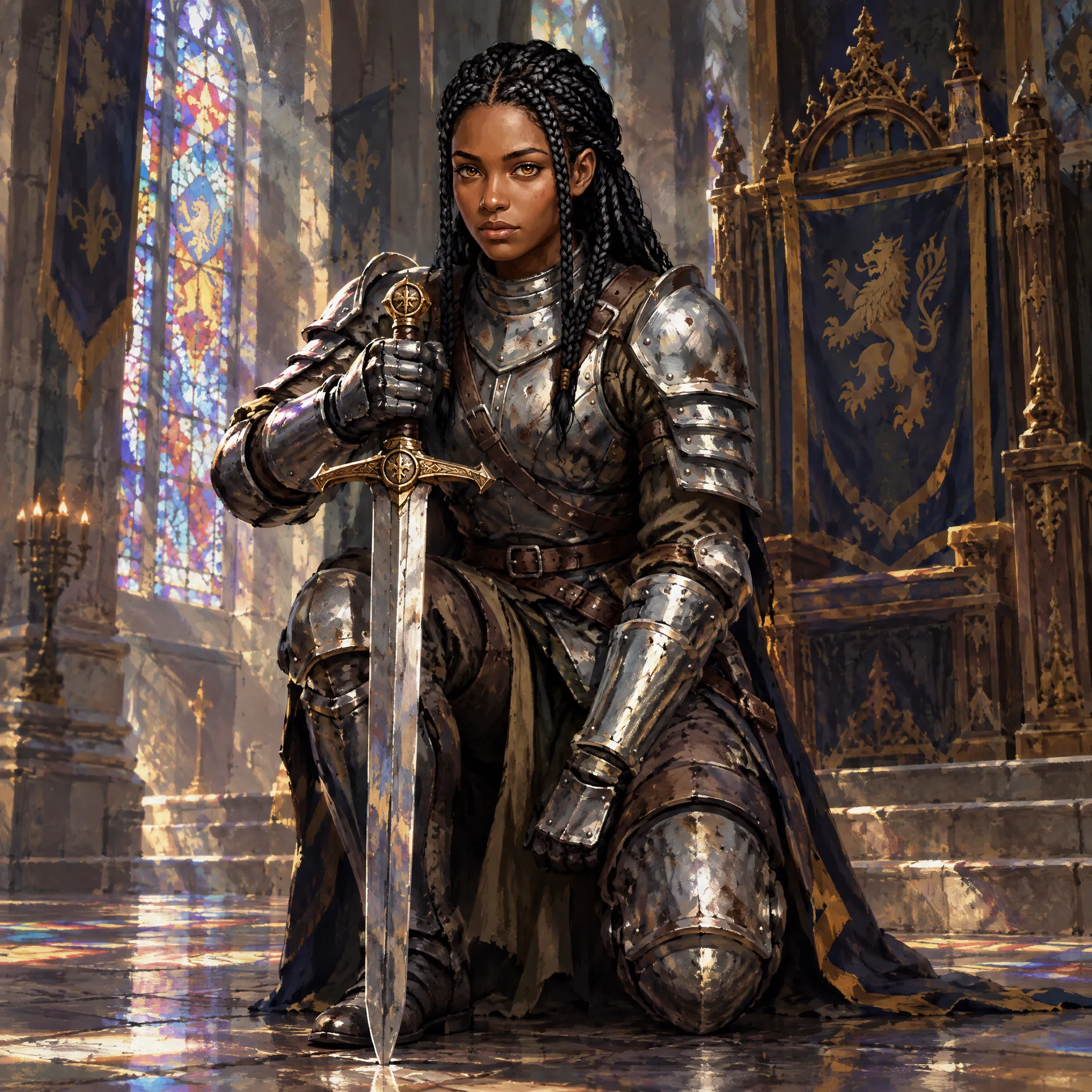 The same knight character kneeling with her sword before a throne, reused in a new scene on getimg.ai