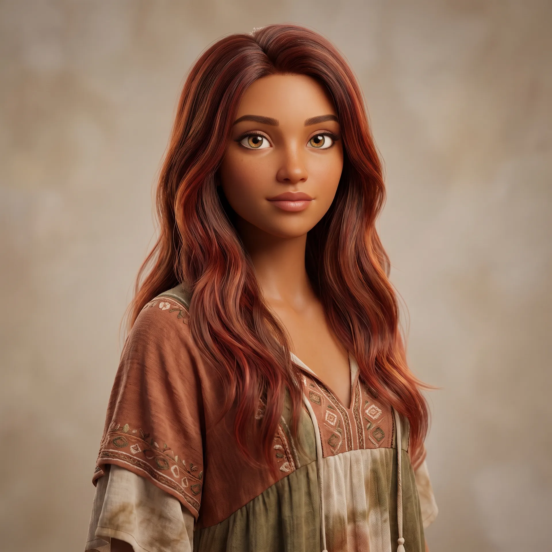 3D render art style: a woman with long wavy auburn hair and hazel eyes in a bohemian outfit, made with the Character creator on getimg.ai