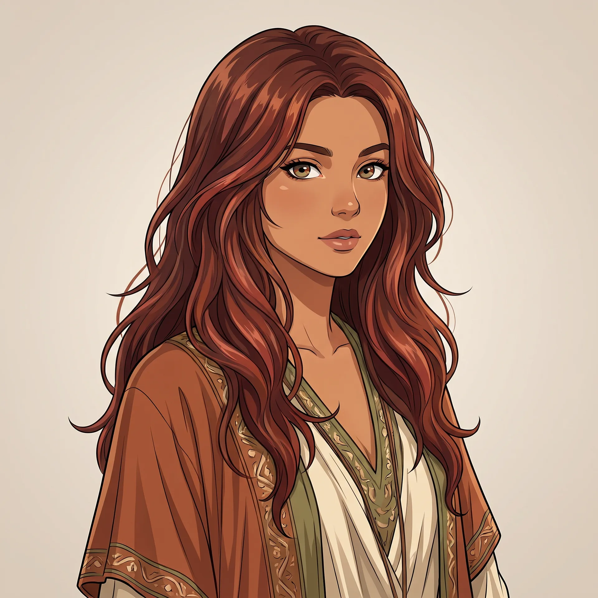 Anime art style: a woman with long wavy auburn hair and hazel eyes in a bohemian outfit, made with the Character creator on getimg.ai
