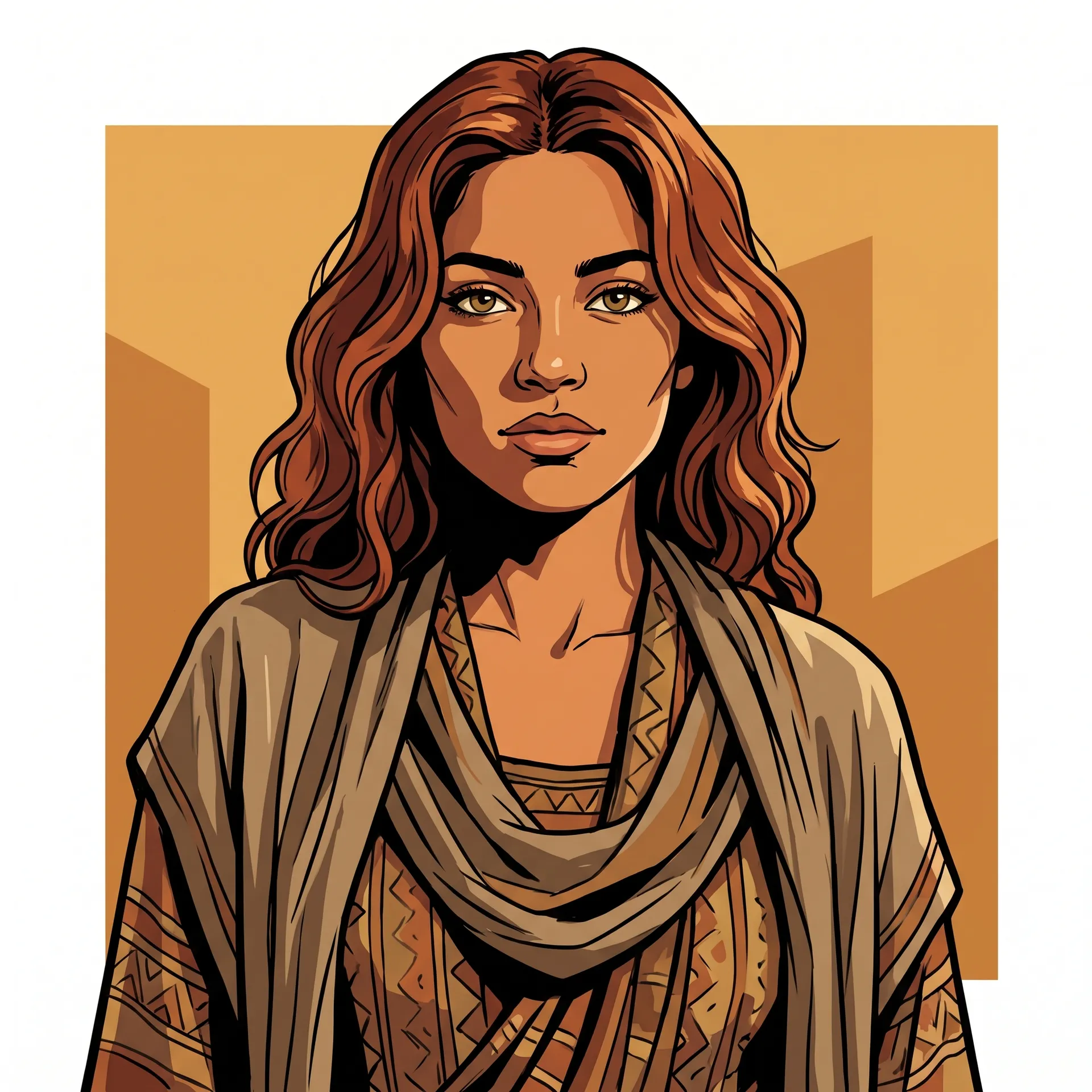 Comic art style: a woman with long wavy auburn hair and hazel eyes in a bohemian outfit, made with the Character creator on getimg.ai