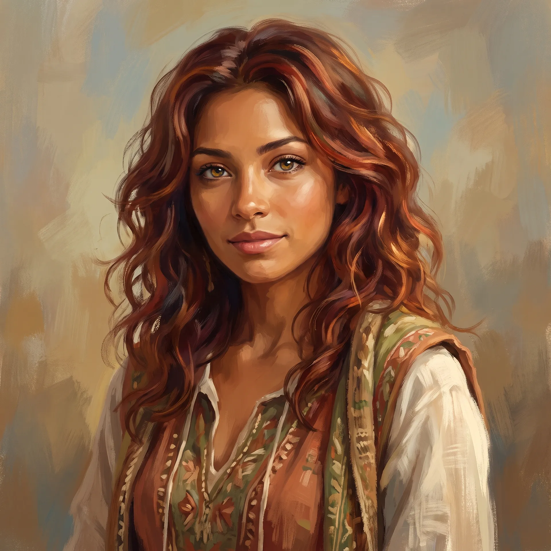 Painterly art style: a woman with long wavy auburn hair and hazel eyes in a bohemian outfit, made with the Character creator on getimg.ai