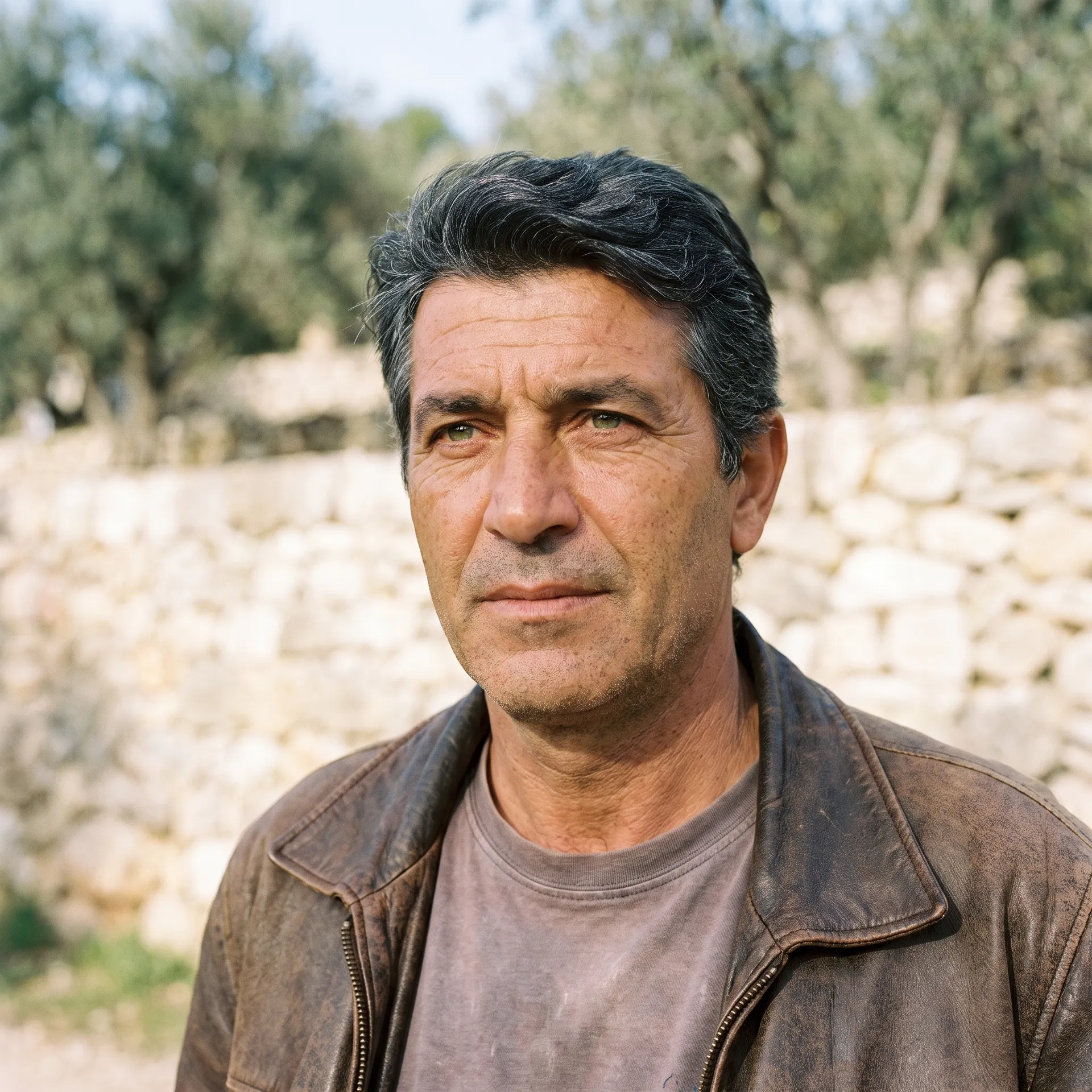 Variation 3 of the same character settings on getimg.ai: a Mediterranean man with green eyes and a leather jacket outdoors by a stone wall
