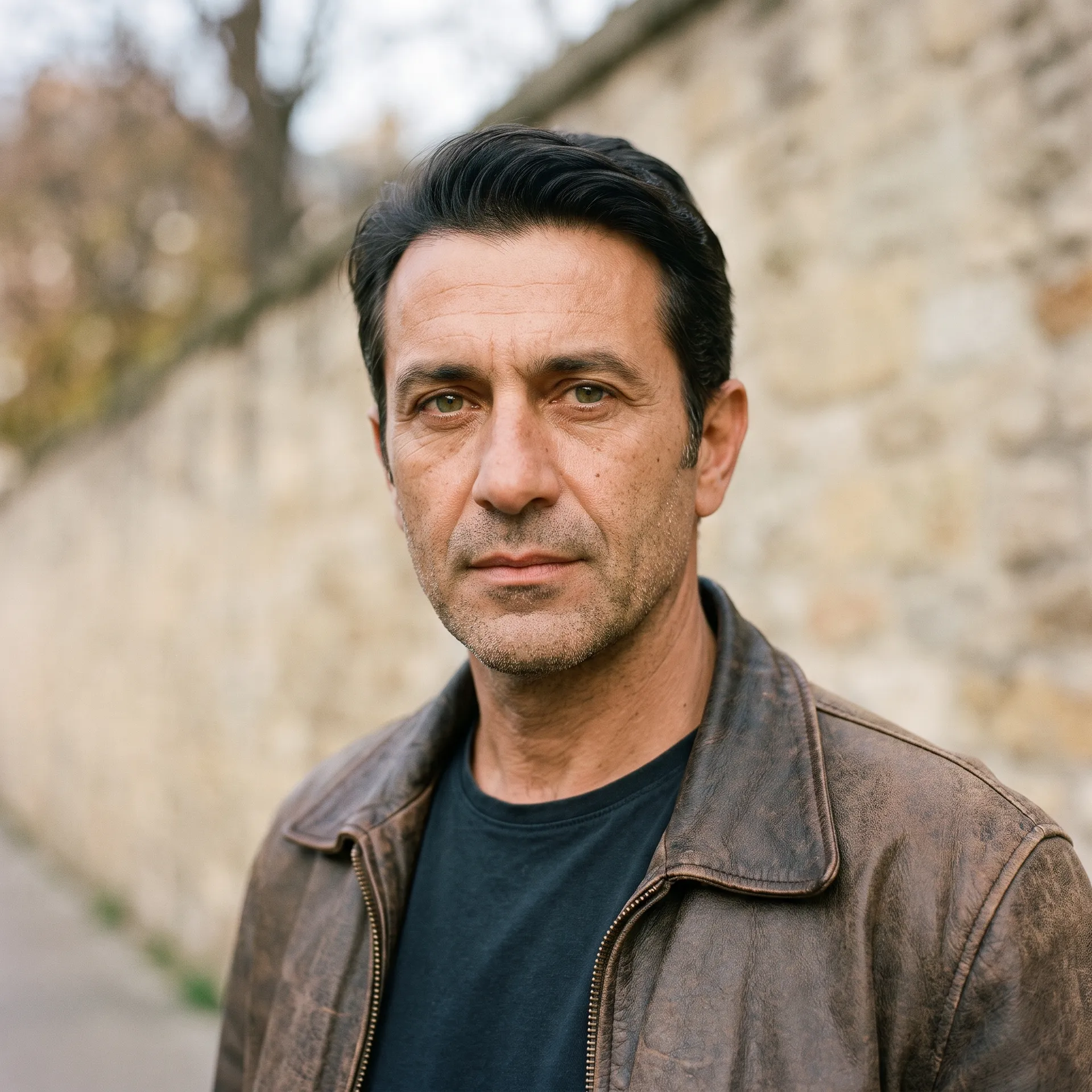 Variation 4 of the same character settings on getimg.ai: a Mediterranean man with green eyes and slicked dark hair in a leather jacket