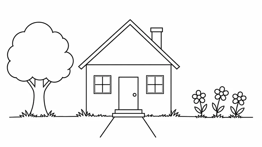 Black outline house with a chimney, two windows and front steps, beside a tree and three flowers.