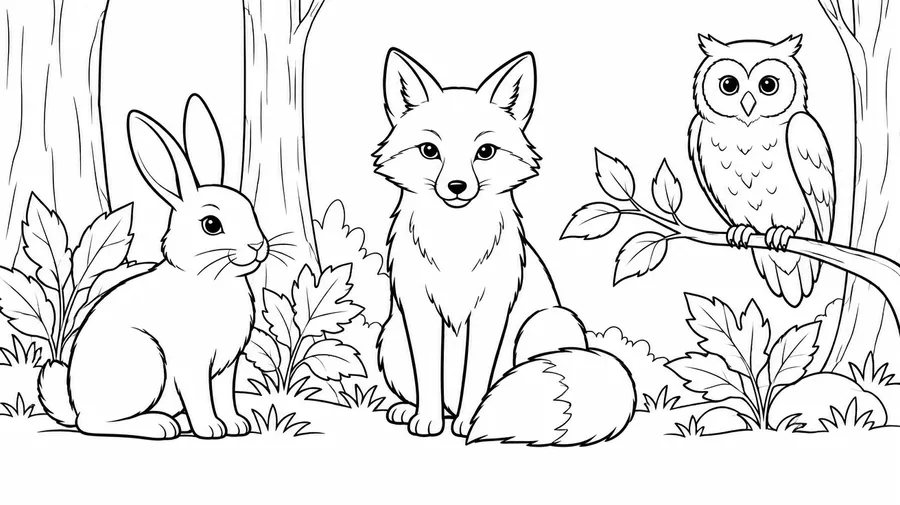 Rabbit and fox sitting among plants, with an owl perched on a branch, drawn in black outlines.
