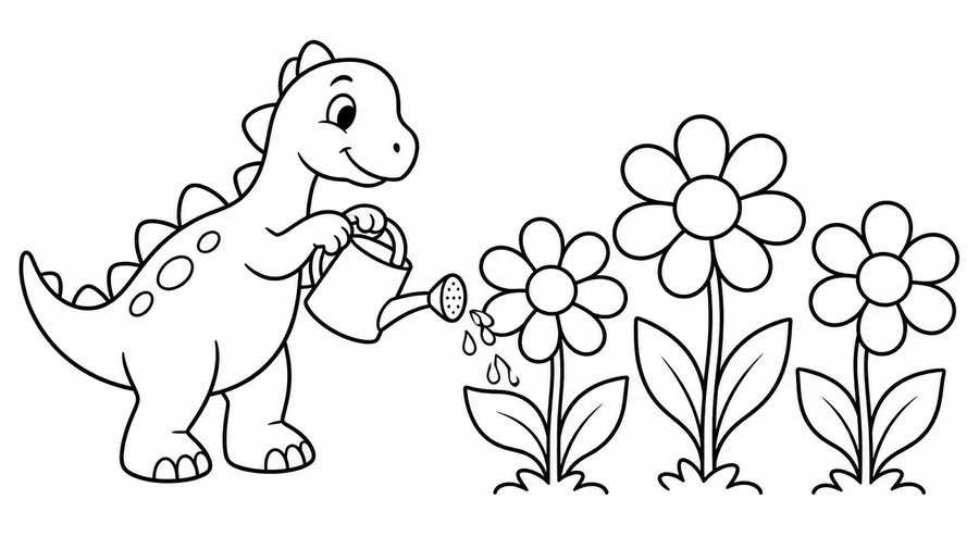 Dinosaur holding a watering can beside three large flowers, drawn with thick black outlines.