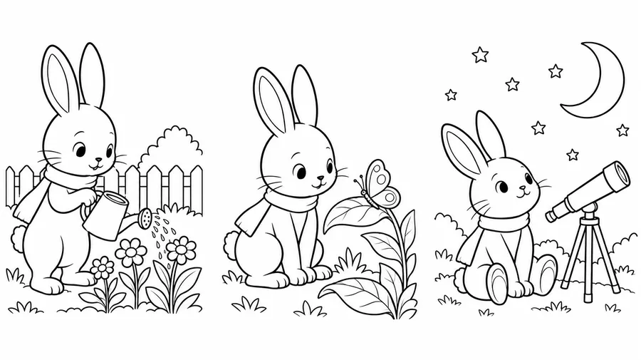 Three rabbit scenes showing watering flowers, watching a butterfly and sitting beside a telescope.