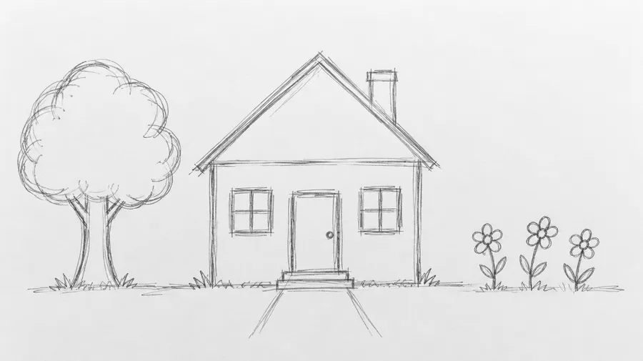 Pencil sketch of a house with two windows, a tree on the left and three flowers on the right.